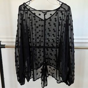 Polkadot sheer high v neck textured blouse with tie
